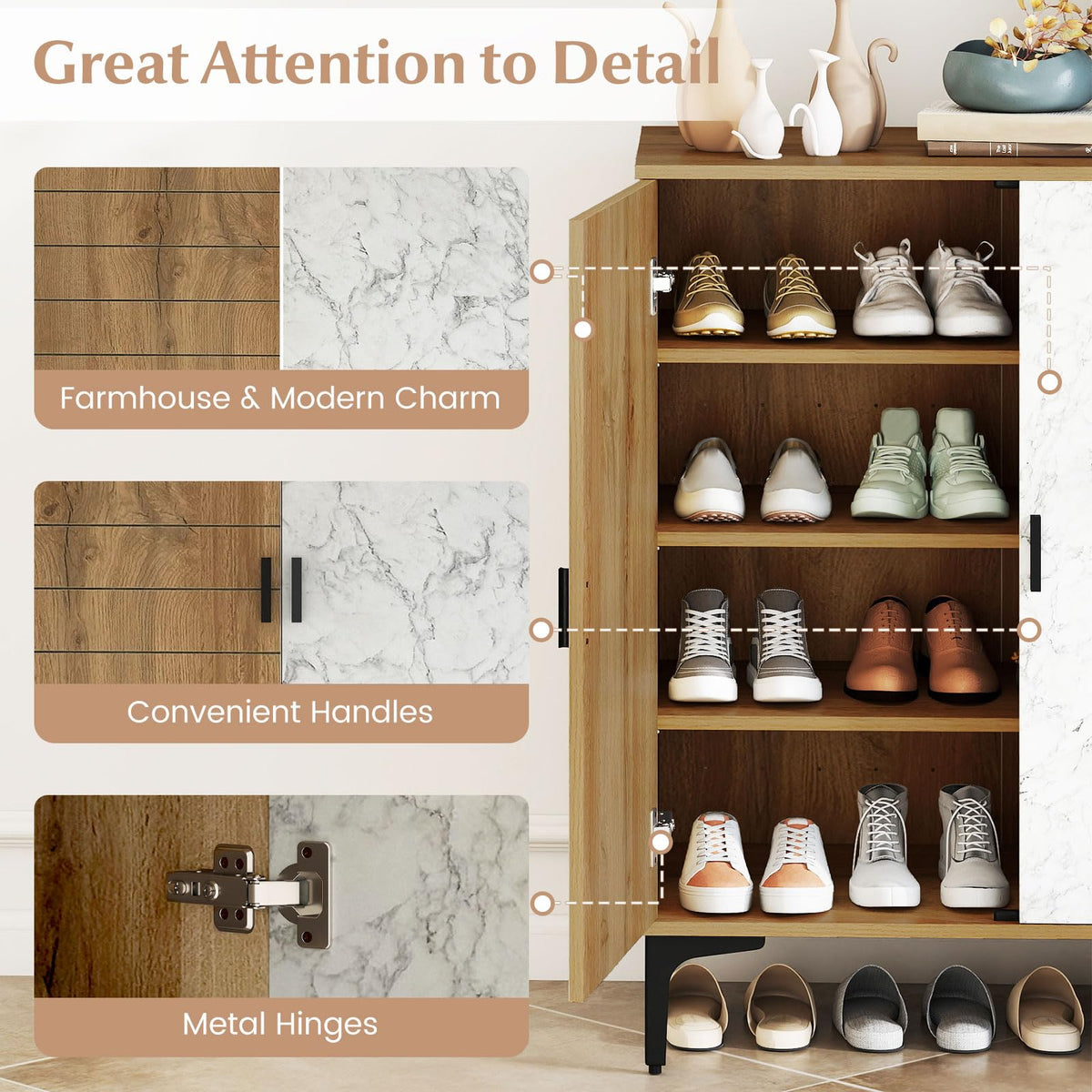 Goflame Shoe Cabinet 4-Tier Wooden Shoe Rack Cabinet(Marble Pattern Door)