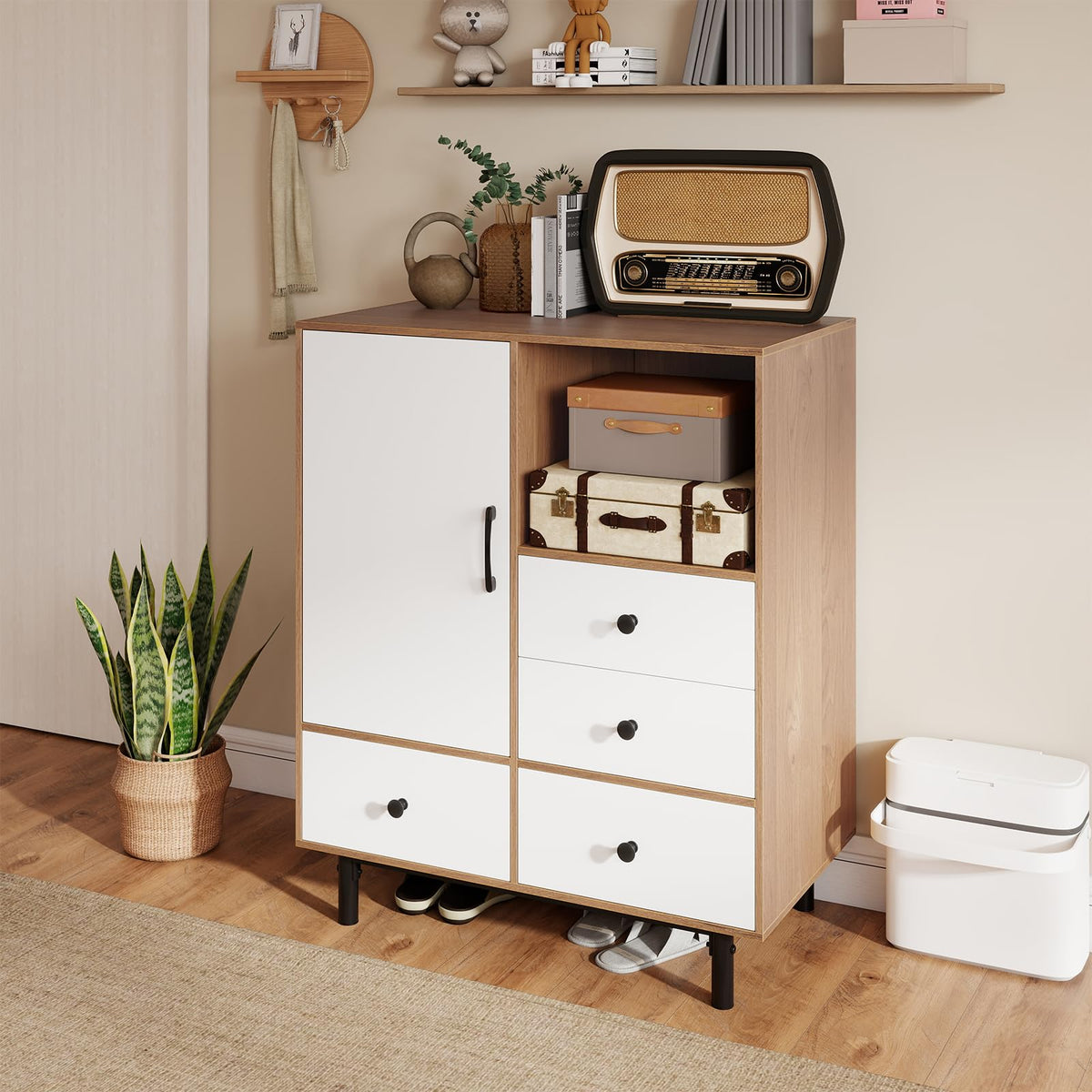 Goflame Storage Cabinet with 4 Drawers Door & Open Compartment, Metal Support Legs