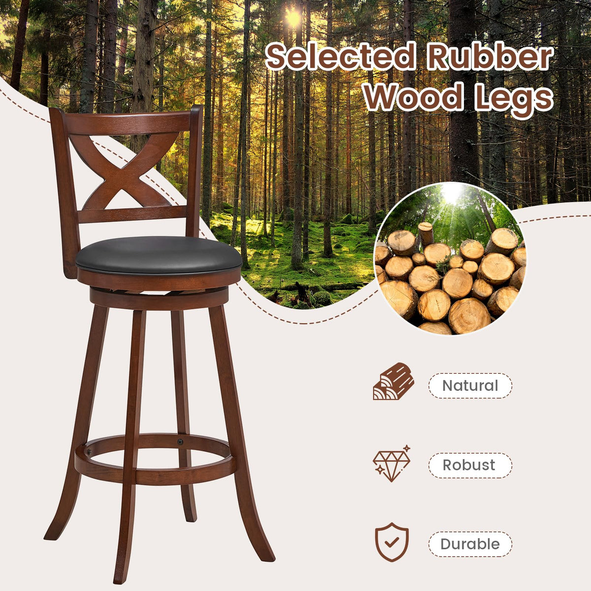 Goflame Swivel Bar Stools Set of 2, Farmhouse Wooden Barstools with Back