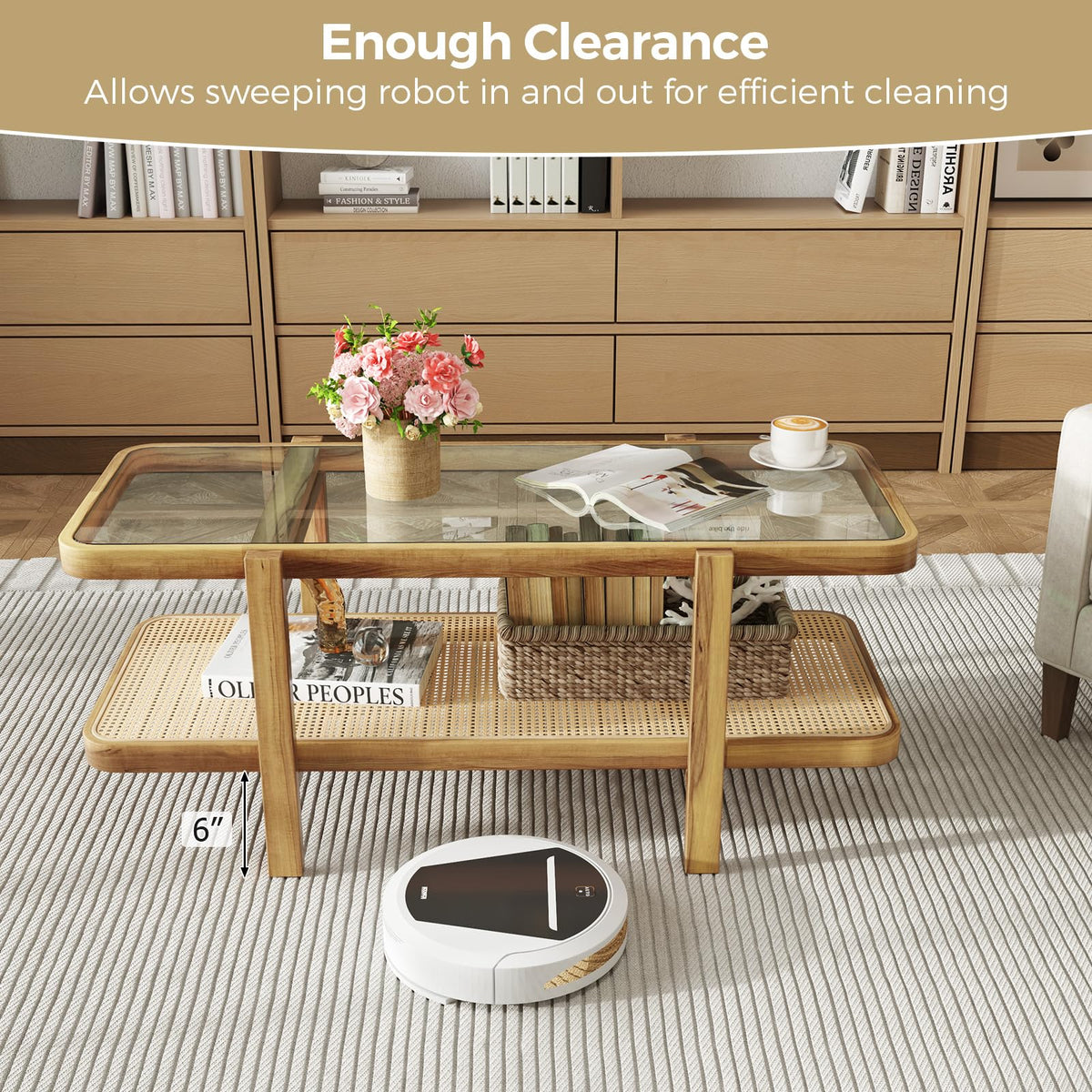 Goflame Rattan Coffee Table, 47.5" Rectangle Solid Wood Tea Table w/Tempered Glass Tabletop