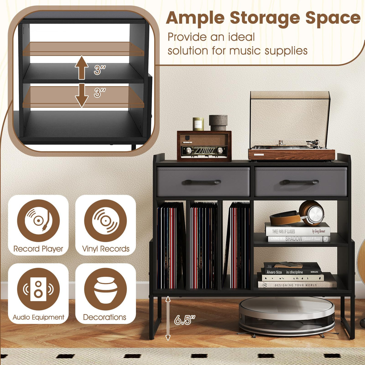 Goflame Large Record Player Stand with Charging Station Mid Century Modern Vinyl Storage Cabinet