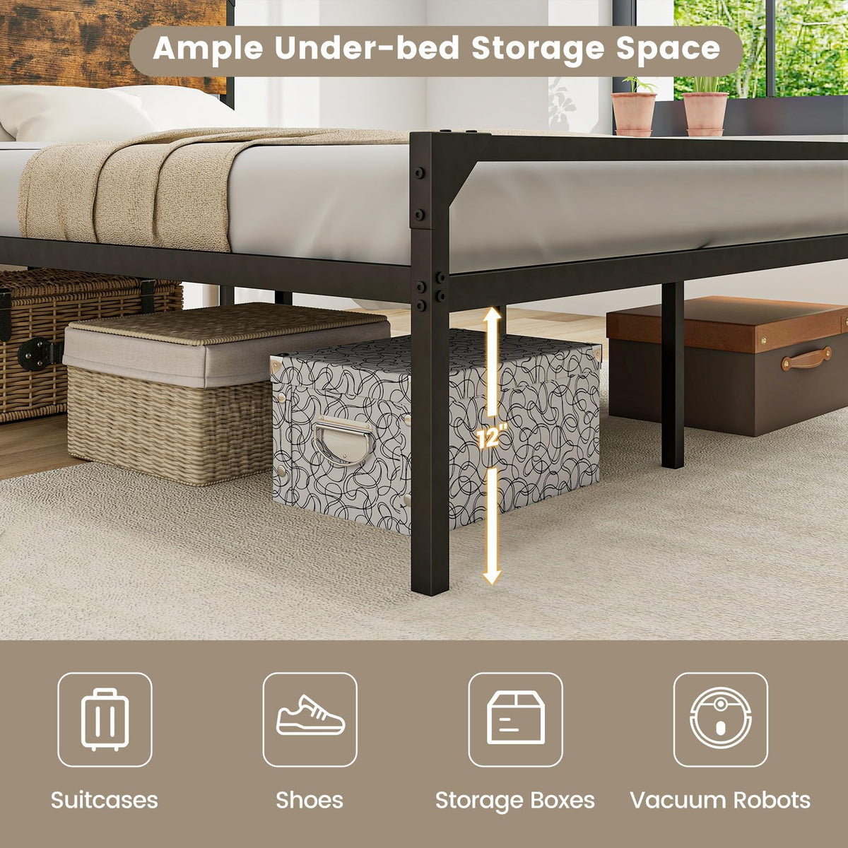 Goflame Full Size Bed Frame with Rustic Headboard & Footboard, Strong Metal Slat Support Mattress Foundation
