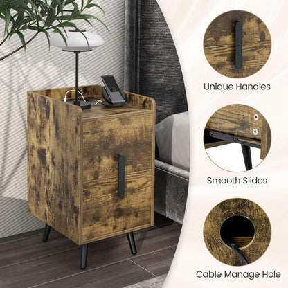 Goflame Nightstand with Charging Station, Narrow End Table with 2 Drawers & Metal Gold Legs