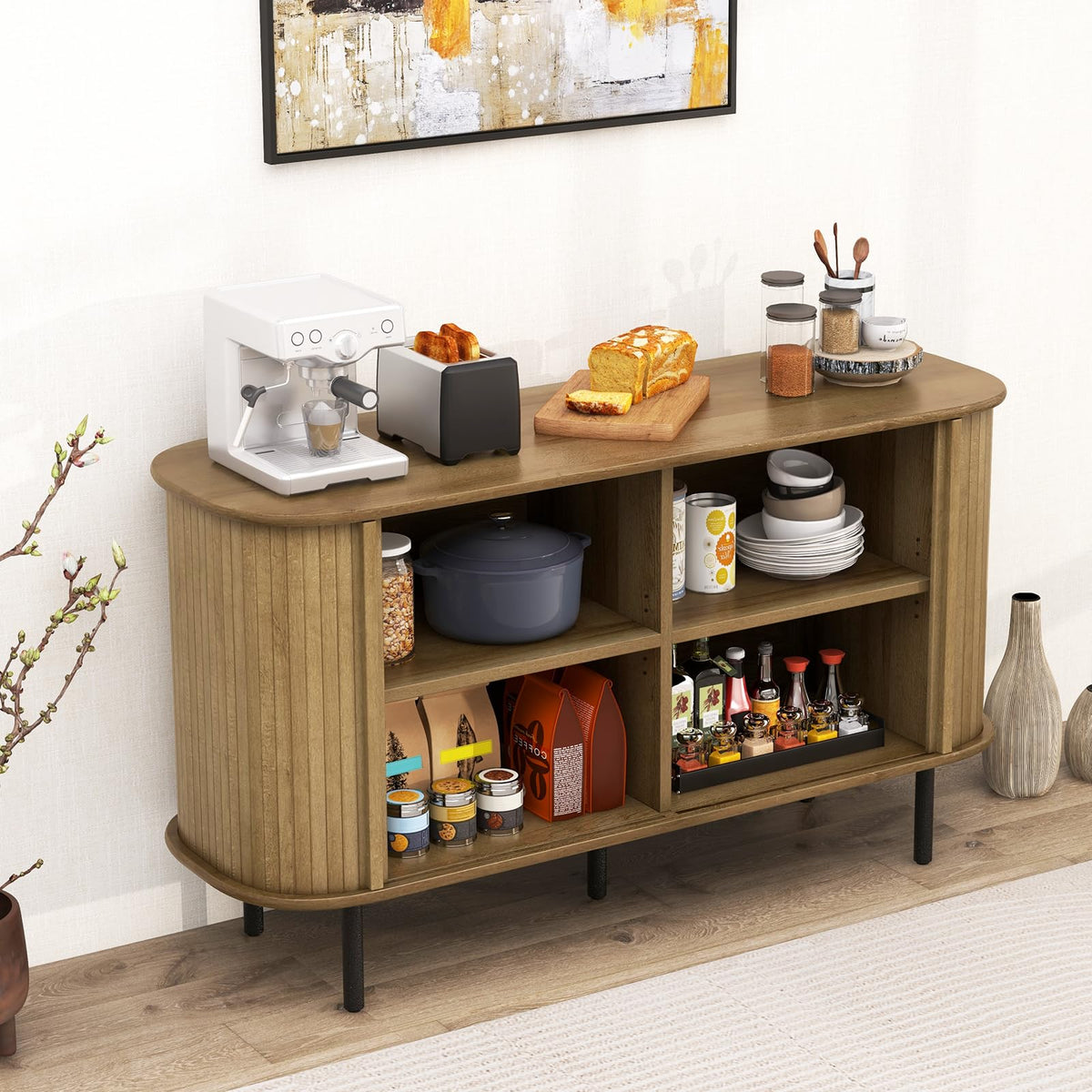 Goflame Kitchen Storage Cabinet, 47” Buffet Cabinet with Storage, Wooden Sideboard w/ 2 Sliding Tambour Doors