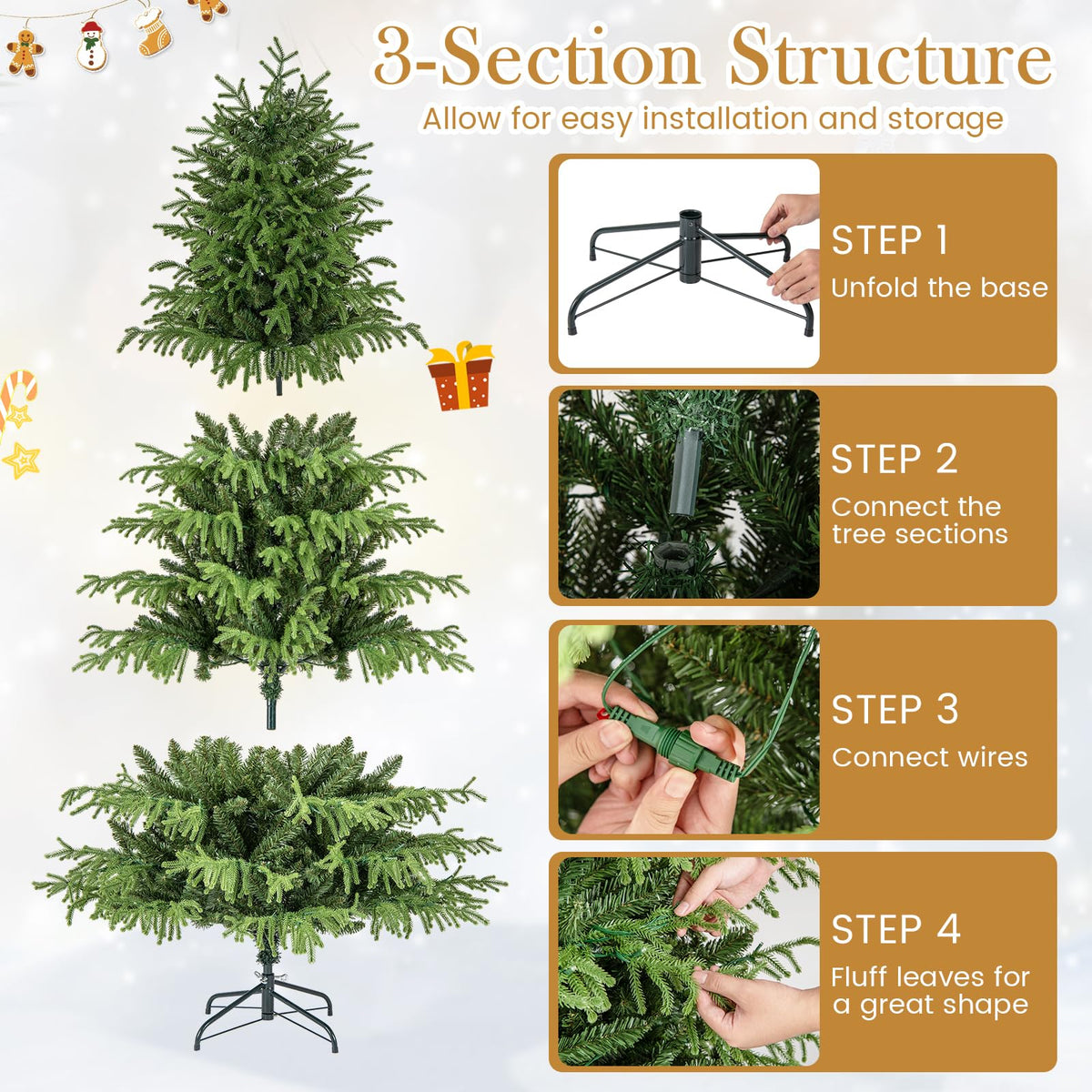 Goflame Pre-Lit Artificial Christmas Tree with PVC & Soft TPE Branch Tips & Foldable Metal Stand