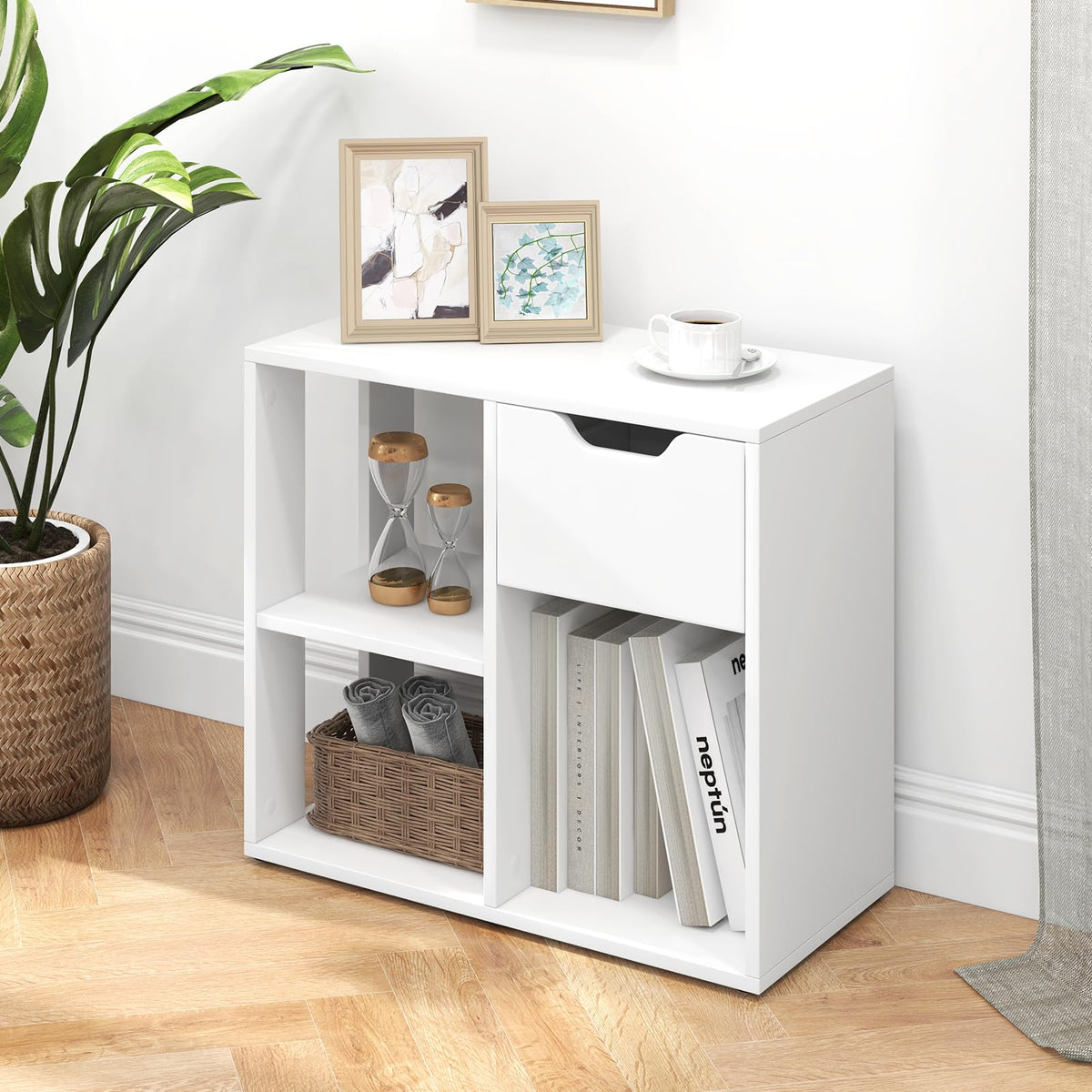 Goflame 3 Cube Bookcase with Drawer, 2 Tier Bookshelf for Small Space, Modern Freestandin