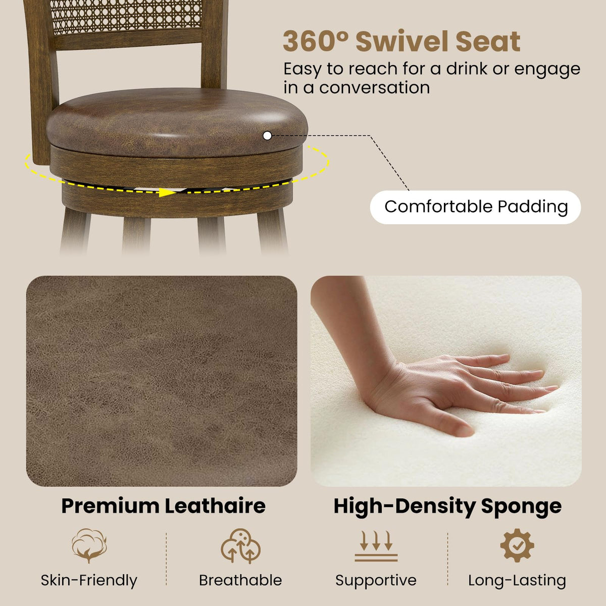 Goflame 30" Bar Height Bar Chairs with PE Rattan Backrest Upholstered Leathaire Barstools