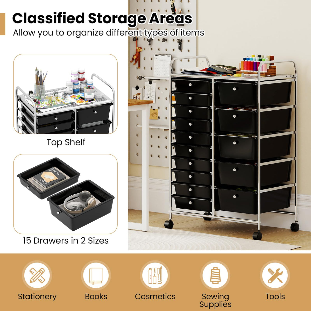 Goflame Rolling Storage Cart 15-Drawer Trolley with Chrome Plated Metal Frame
