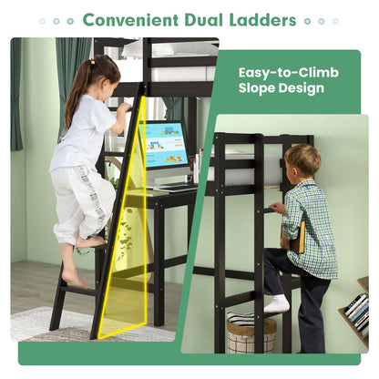 Goflame Twin Size Loft Bed with Desk, Solid Wood Loft Bed with 2 Ladders & Full Length Guardrail