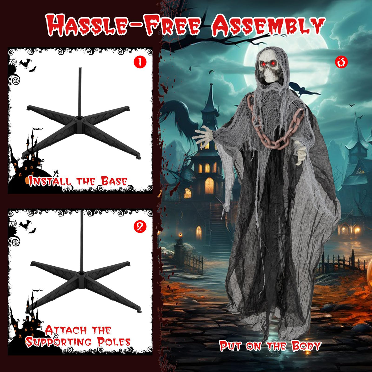 Goflame 6.4 FT Halloween Animatronic Standing Grim Reaper, Halloween Decoration with Chain