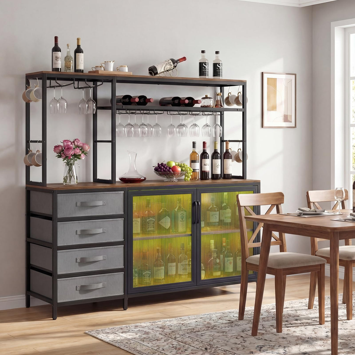 Goflame Tall Wine Bar Cabinet with LED Lights for Kitchen