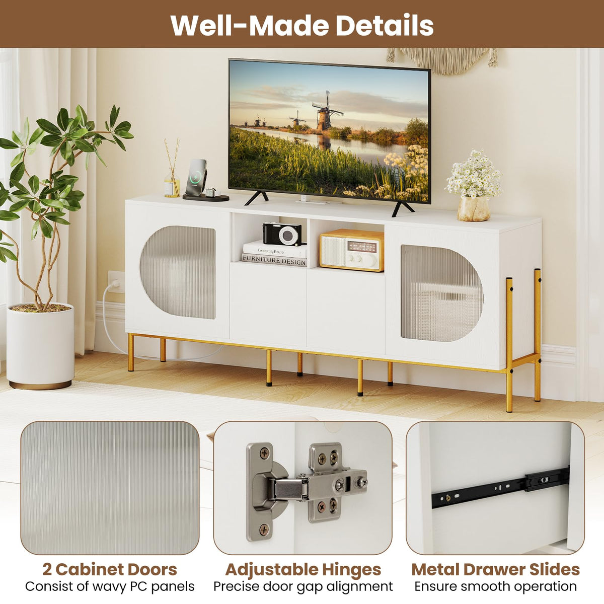 Goflame White TV Stand for TVs up to 70" Modern Entertainment Center with Power Outlets
