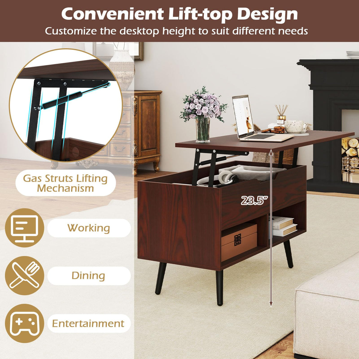 Goflame Lift Top Coffee Table Modern Cocktail Table w/Hidden Compartment & 2 Open Shelves