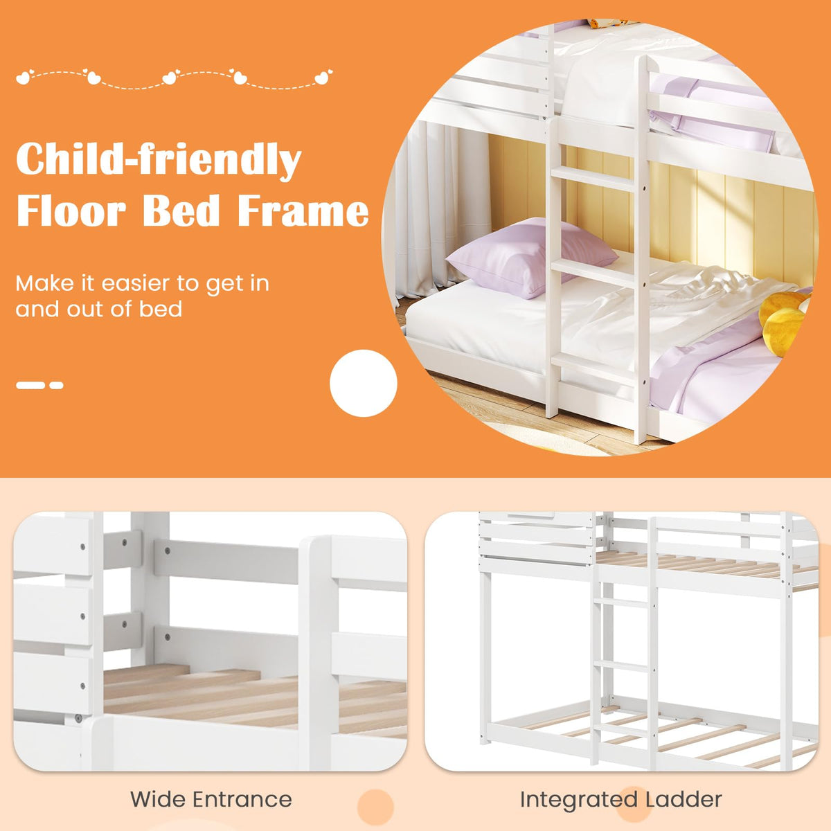 Goflame White Wood Bunk Bed Twin Over Twin with Ladder and Guardrail