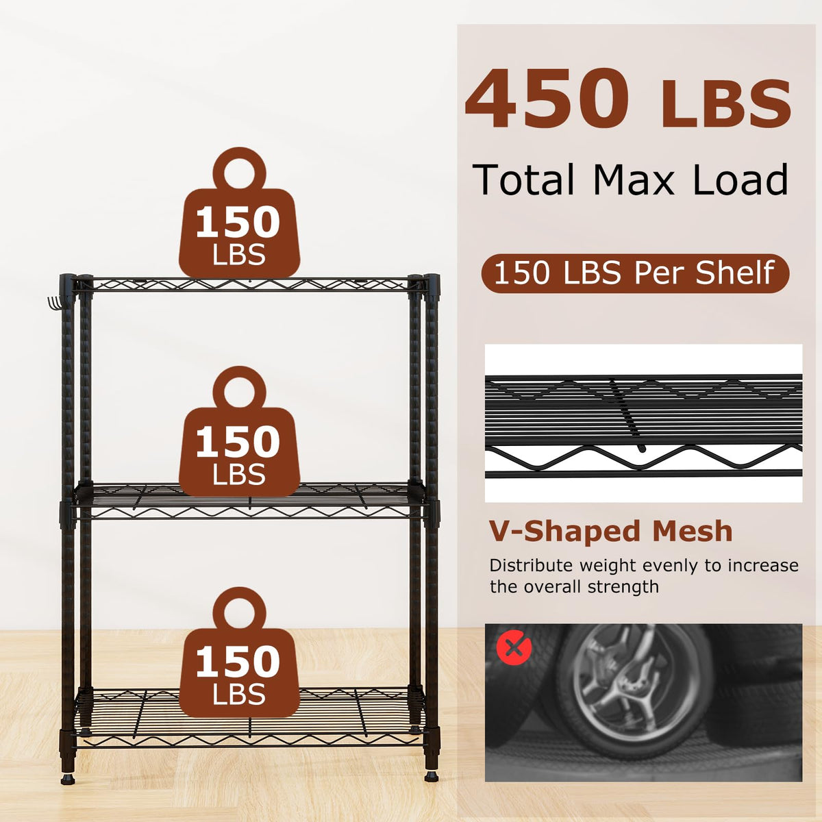 Goflame Storage Shelves Adjustable Wire Shelf Rack w/4 Removable Hooks