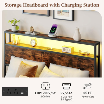 Goflame Queen/Full Size LED Bed Frame with Charging Station & 4 Storage Drawers