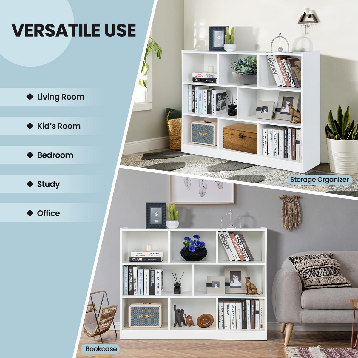 8 Cube Bookcase, Freestanding 3-Tier Open Bookshelf - Goflame