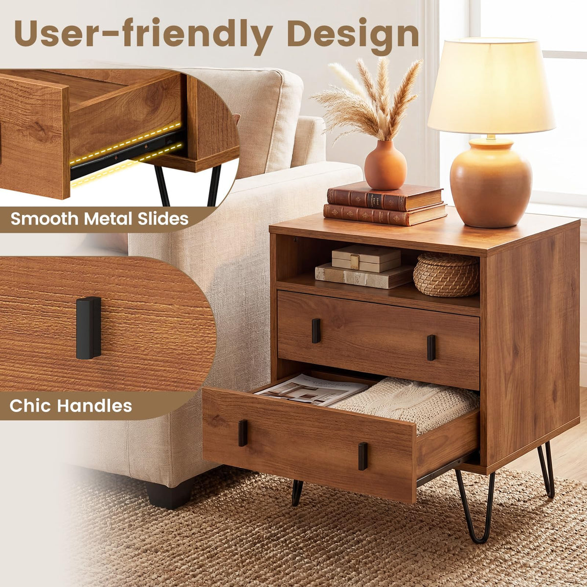 Goflame Night Stand with 2 Drawers for Bedroom Home Office