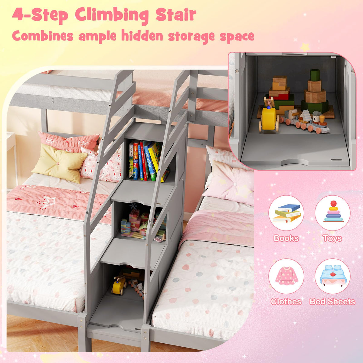Goflame Twin Over Twin & Twin Bunk Bed Triple Bunk Beds with 4-Step Storage Stair