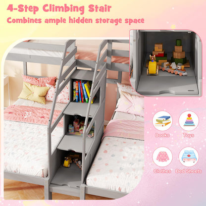 Goflame Twin Over Twin & Twin Bunk Bed Triple Bunk Beds with 4-Step Storage Stair
