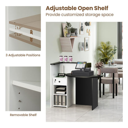 Goflame Reception Desk, Front Counter Desk with Lockable Drawer, Checkout Table with Round Tabletop