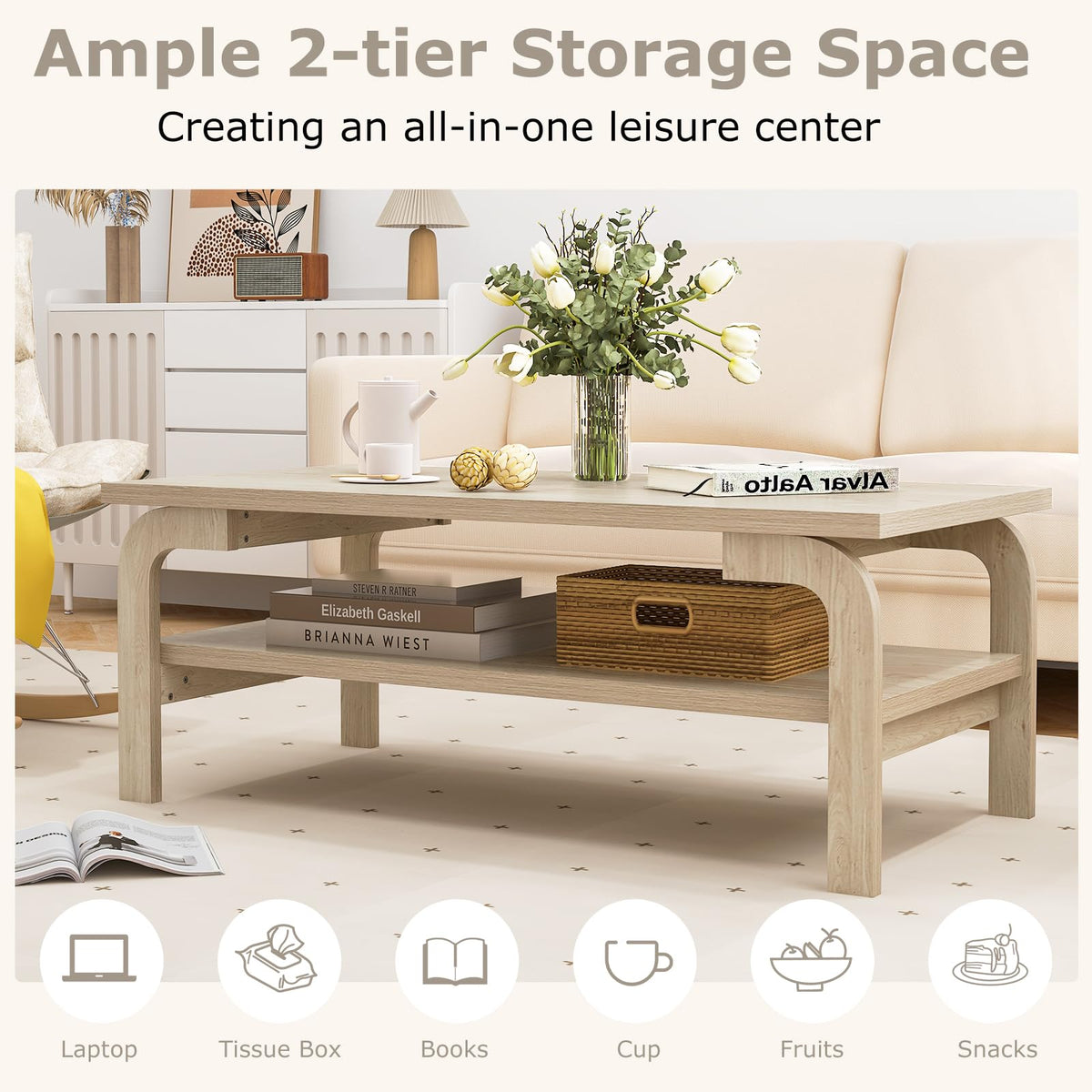 Goflame 2-Tier Coffee Table with Storage, 47” Mid Century Rectangle Accent Table with Open Shelf