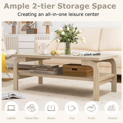 Goflame 2-Tier Coffee Table with Storage, 47” Mid Century Rectangle Accent Table with Open Shelf