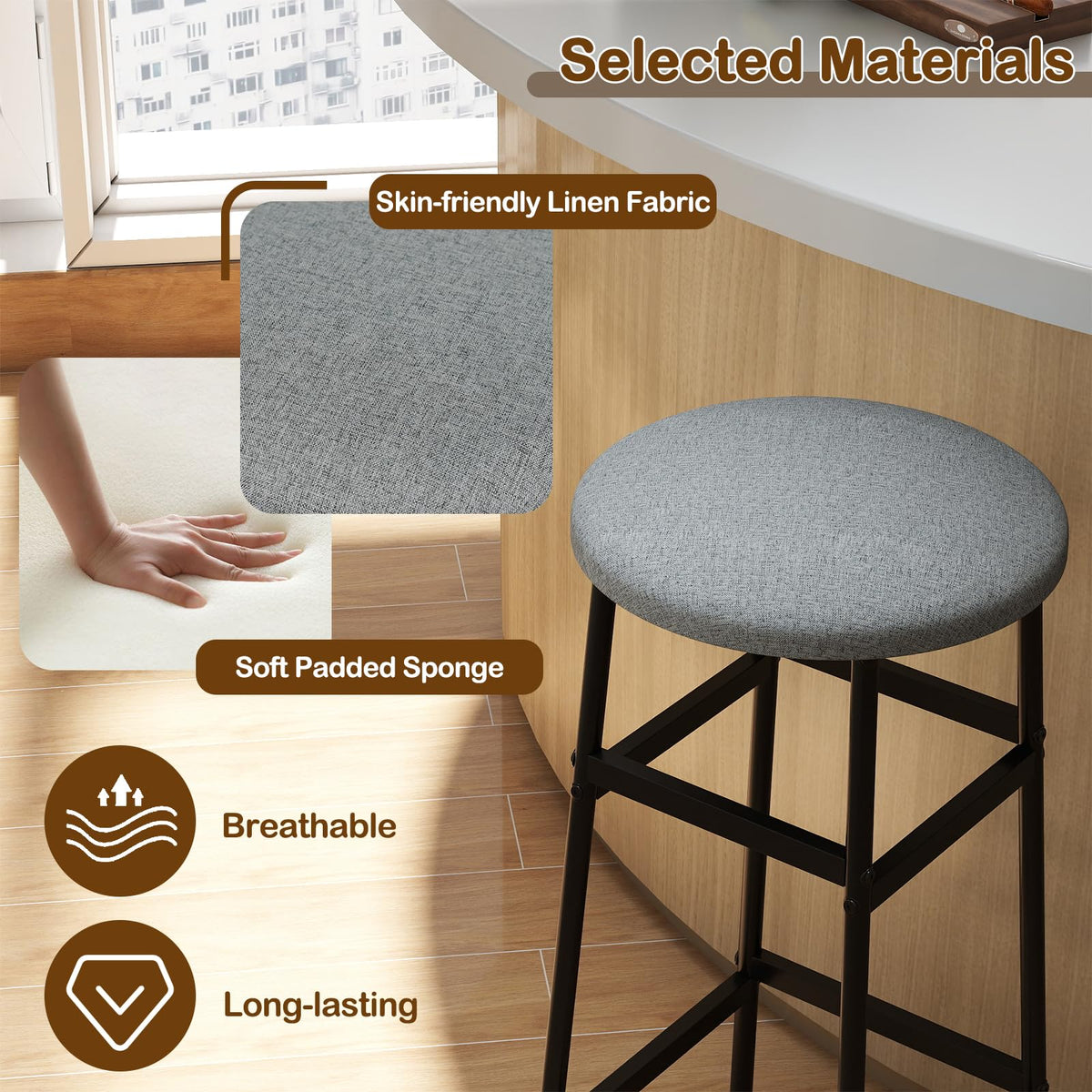 Goflame 29 Inch Bar Stools Set of 2/4 Upholstered Round Backless Bar Height Chairs with Sturdy Metal Frame and Footrest