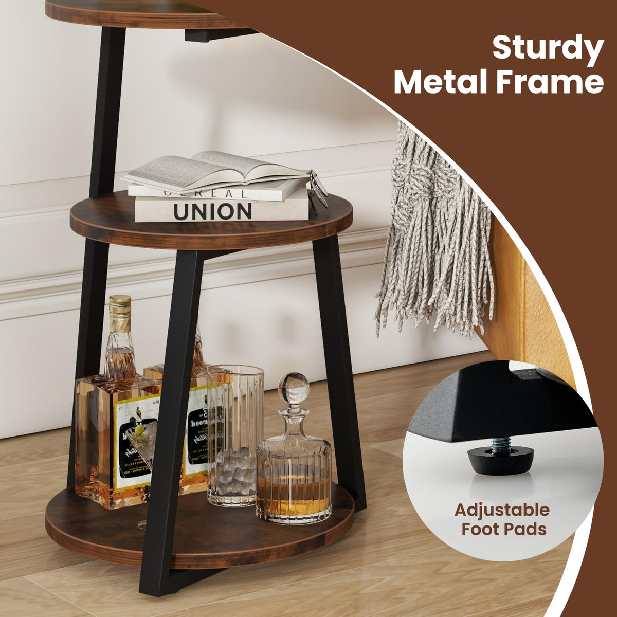 Goflame Round End Table, Industrial Side Table with Sturdy Metal Frame, Coffee Table, 3-Tier Bedside Table for Bedroom, Living Room