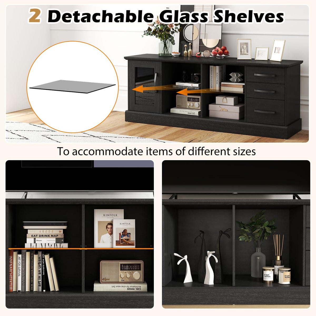 Goflame TV Stand for TVs up to 73”, Entertainment Center w/Cable Management Holes, Drawers