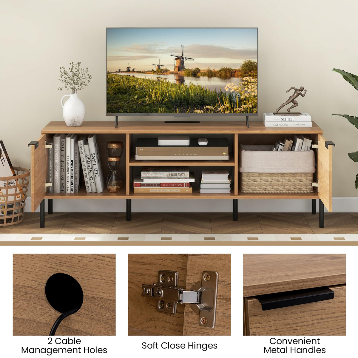 Goflame TV Stand for TVs up to 65”, Entertainment Center with Charging Station, 2 Cabinets, Open Shelves, 6 Sturdy Metal Legs