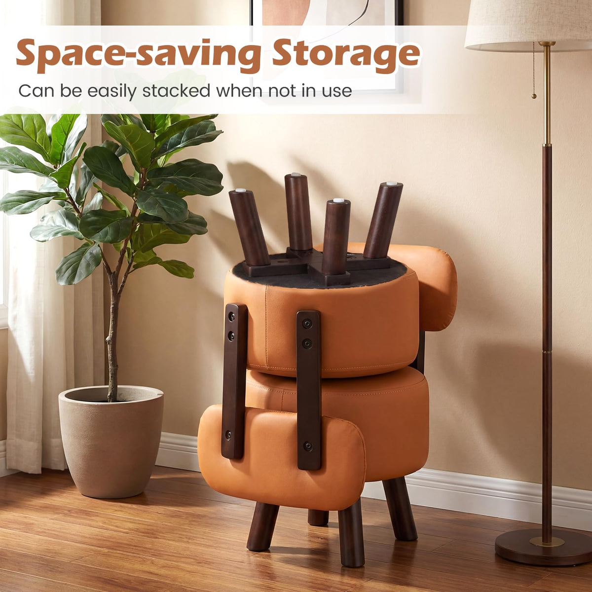 Goflame Round Small Footrest Stools Set of 2 with Backrest & Rubber Wood Legs