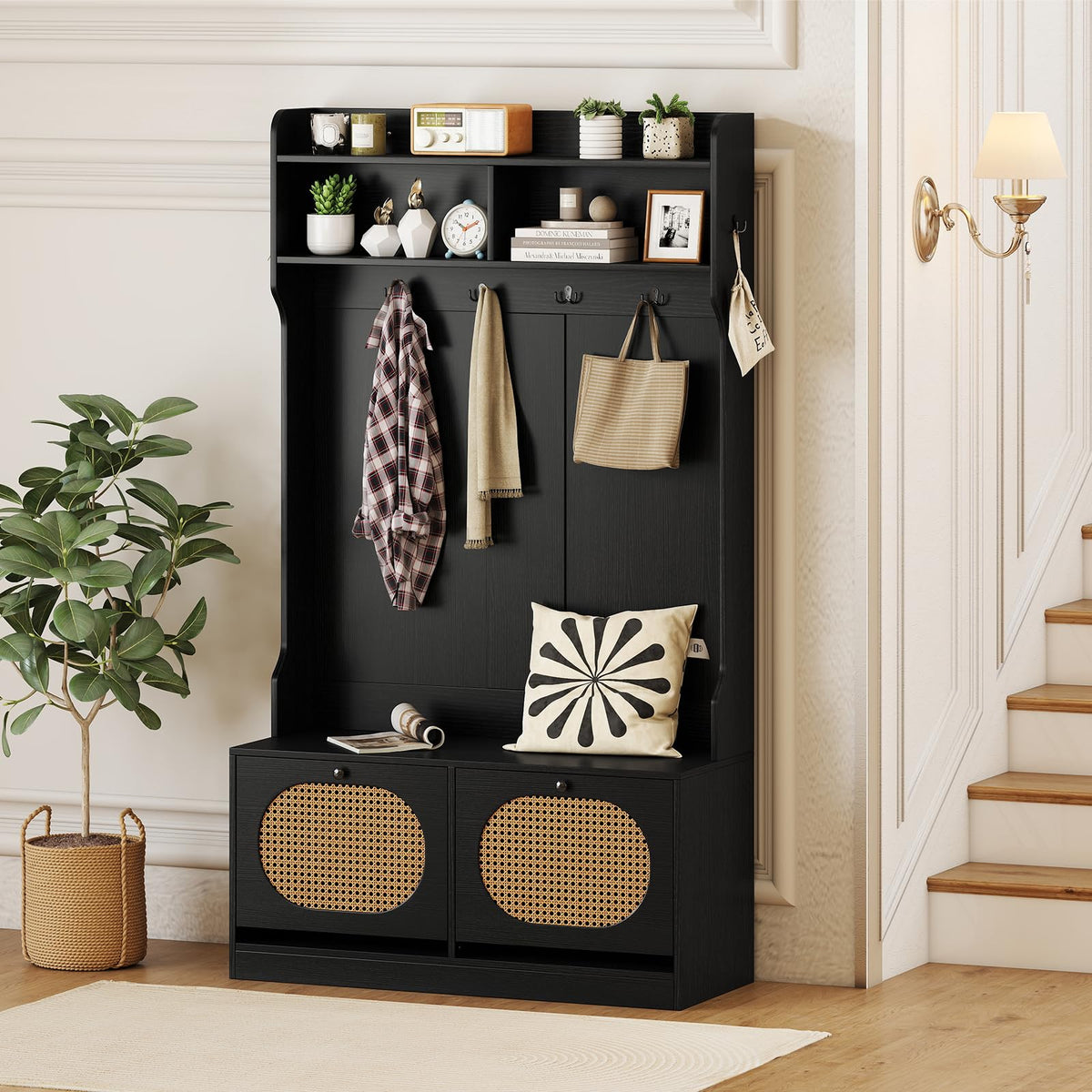 Goflame 4-In-1 Hall Tree Entryway Bench with Coat Rack & Flip Drawers