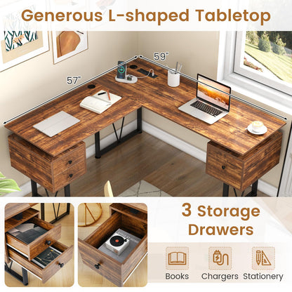 Goflame L Shaped Desk with Drawers, 59” Large Computer Desk with Power Outlet