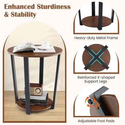 Goflame Round End Table Set of 1/2, 2-Tier Side Sofa Table with Open Storage Shelf and Metal Frame