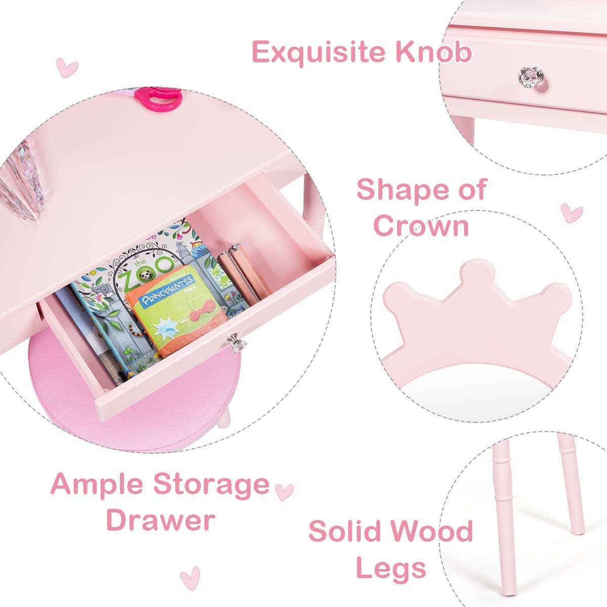 Kids Vanity Set, Princess Dressing Table Set, Wooden Dresser, Little Girls Makeup Table and Stool Set