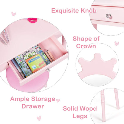 Kids Vanity Set, Princess Dressing Table Set, Wooden Dresser, Little Girls Makeup Table and Stool Set