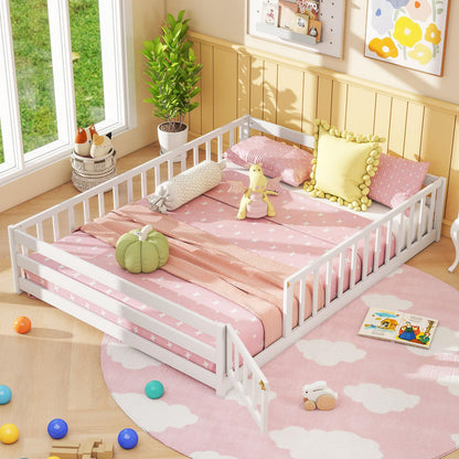 Goflame Floor Bed with Door & Fence Kids Wood Montessori Beds with Safety Guardrails