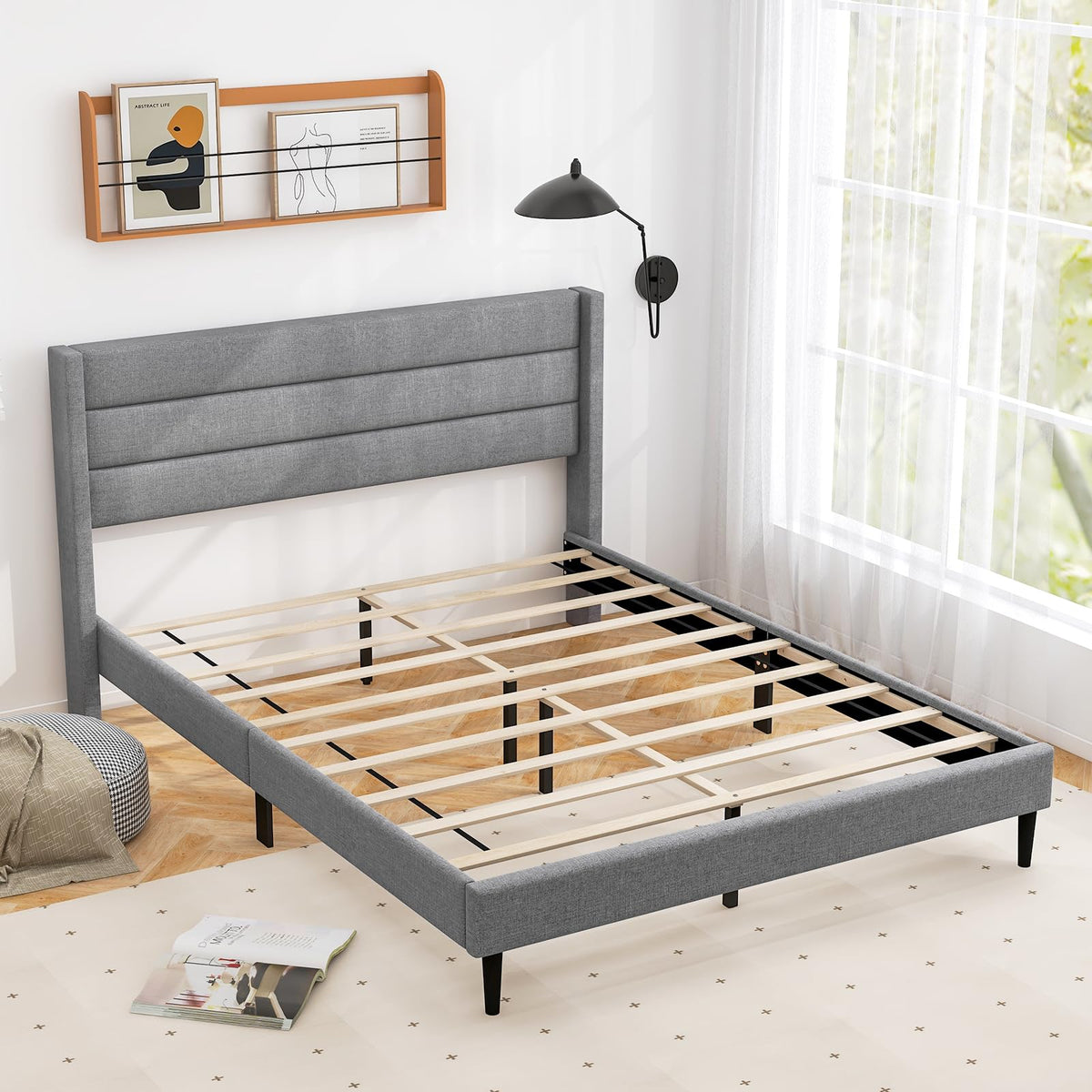 Goflame Queen/Twin Size Bed Frame, Modern Linen Upholstered Platform Bed with Wingback Headboard