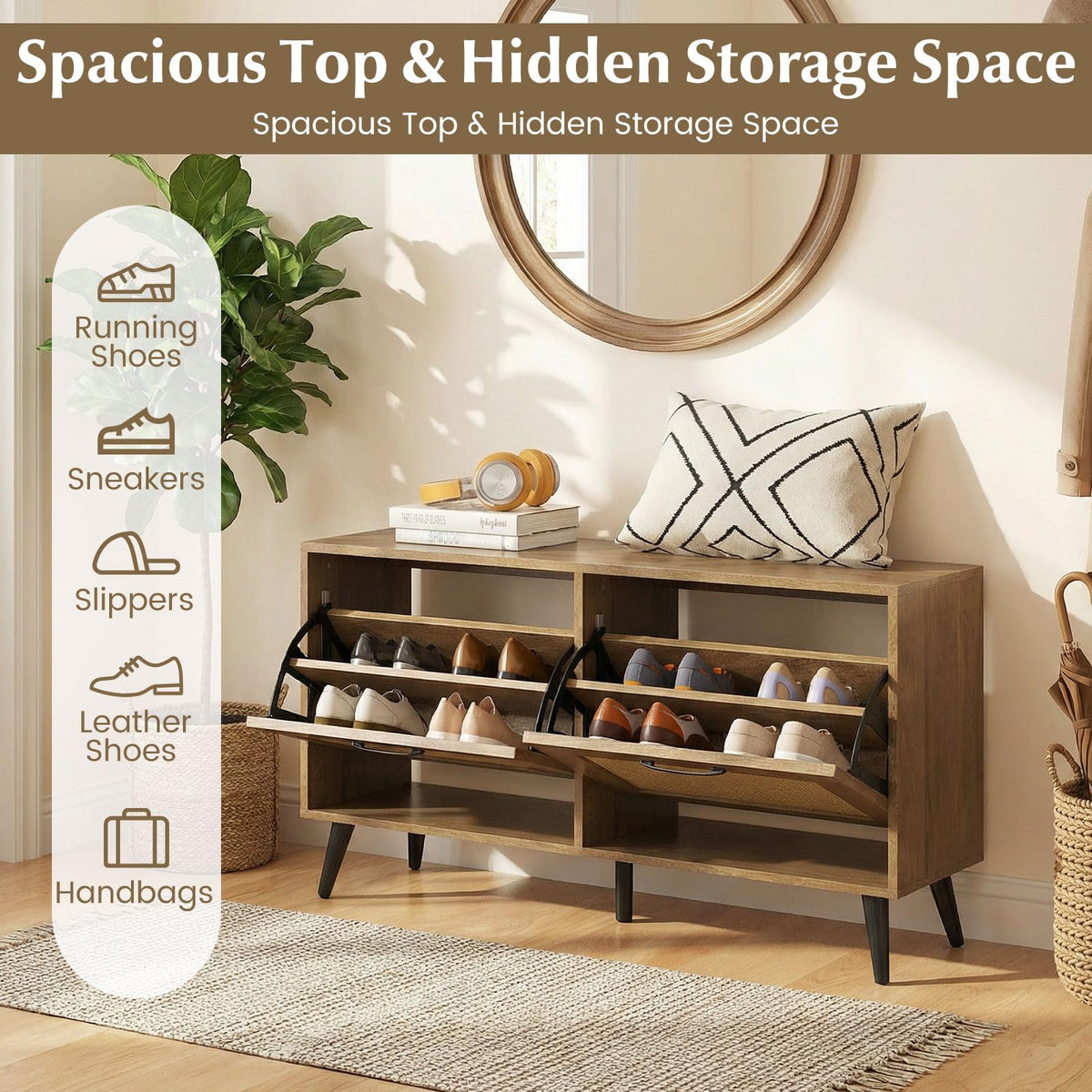 Goflame Rattan Shoe Cabinet with 2 Flip Drawers