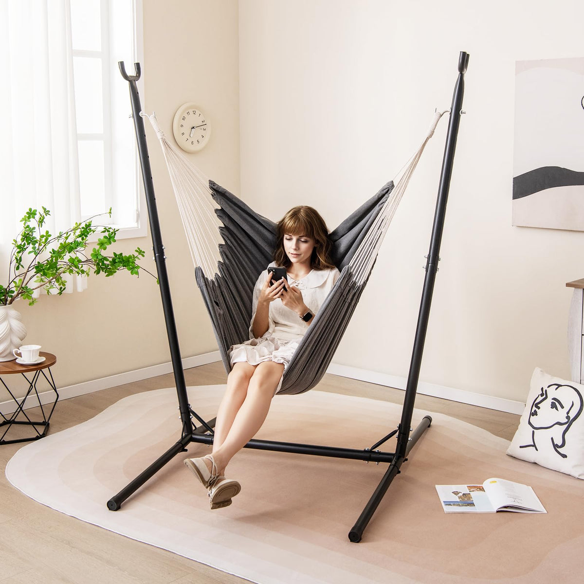Goflame Hammock Chair with H-Shaped Stand - Heavy Duty Swing Chair with 6-Position Adjustable Height and Side Pocket