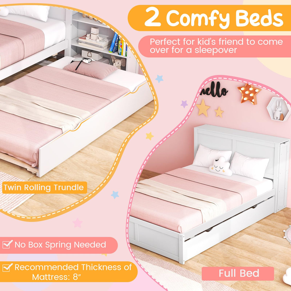 Goflame Full Bed Frame with Twin Trundle, Wooden Bed Wooden Bed Frame with 2 Rolling Bookcases & High Headboard