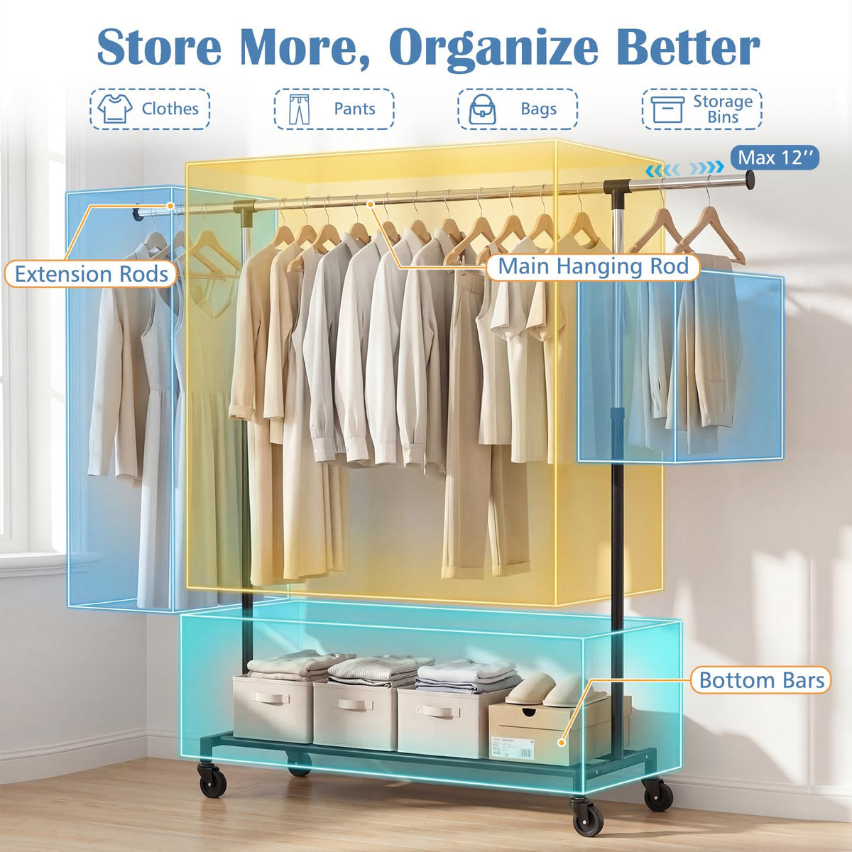 Goflame Extendable Heavy-Duty Rolling Clothing Rack for Hanging Clothes