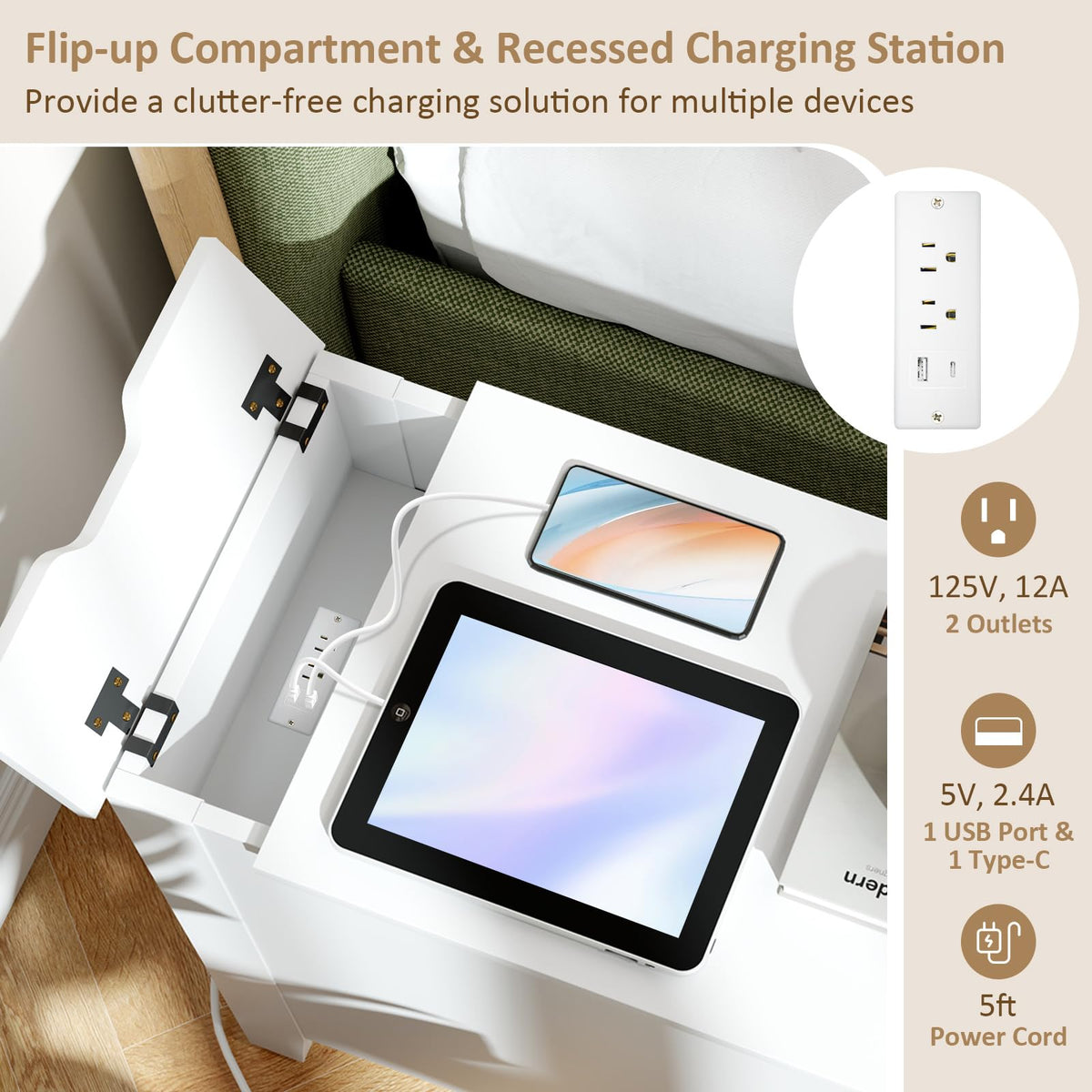 Goflame Nightstand with Charging Station, Flip Top End Table w/USB Ports & Outlets, Modern Side Table w/Storage Drawer