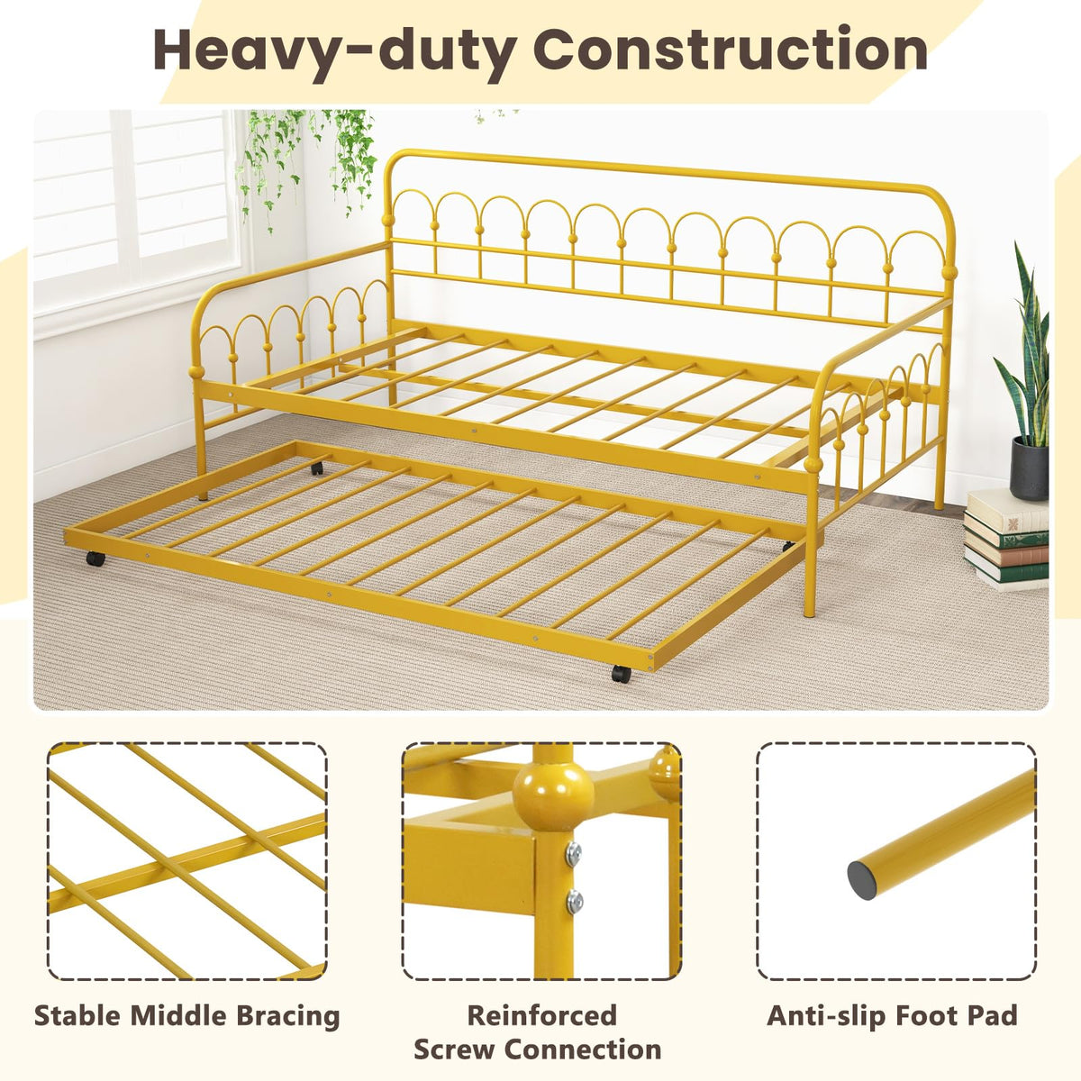 Goflame Twin Daybed with Trundle Gold, Metal Day Bed with Convenient Pull-Out Trundle Bed