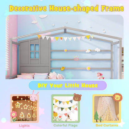 Goflame Double Twin Beds for Kids, House L-Shaped Platform Beds with Window & Fences