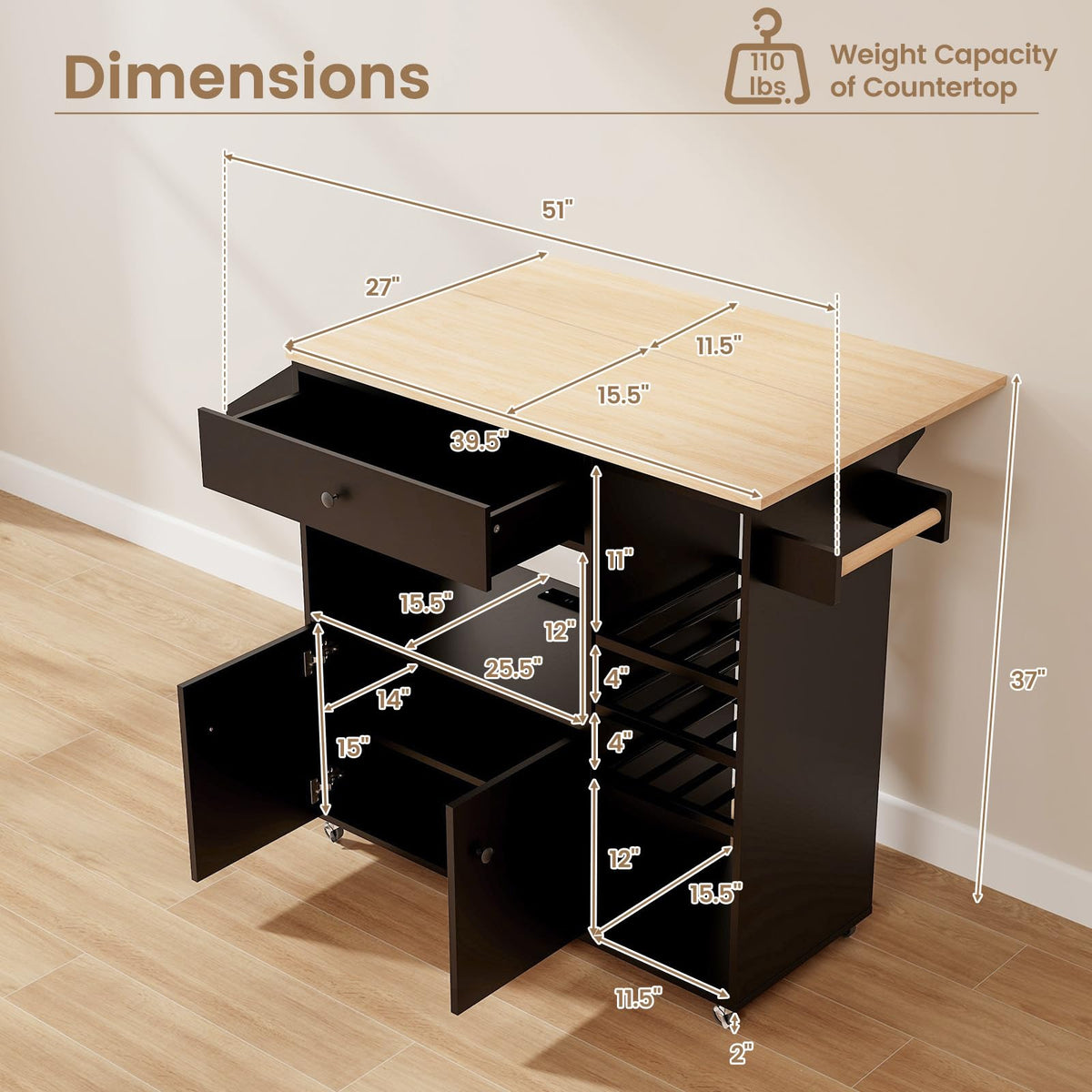 Goflame Rolling Kitchen Island Cart with Drop Leaf, Power Outlet, Spice Rack, 12 Wine Rack