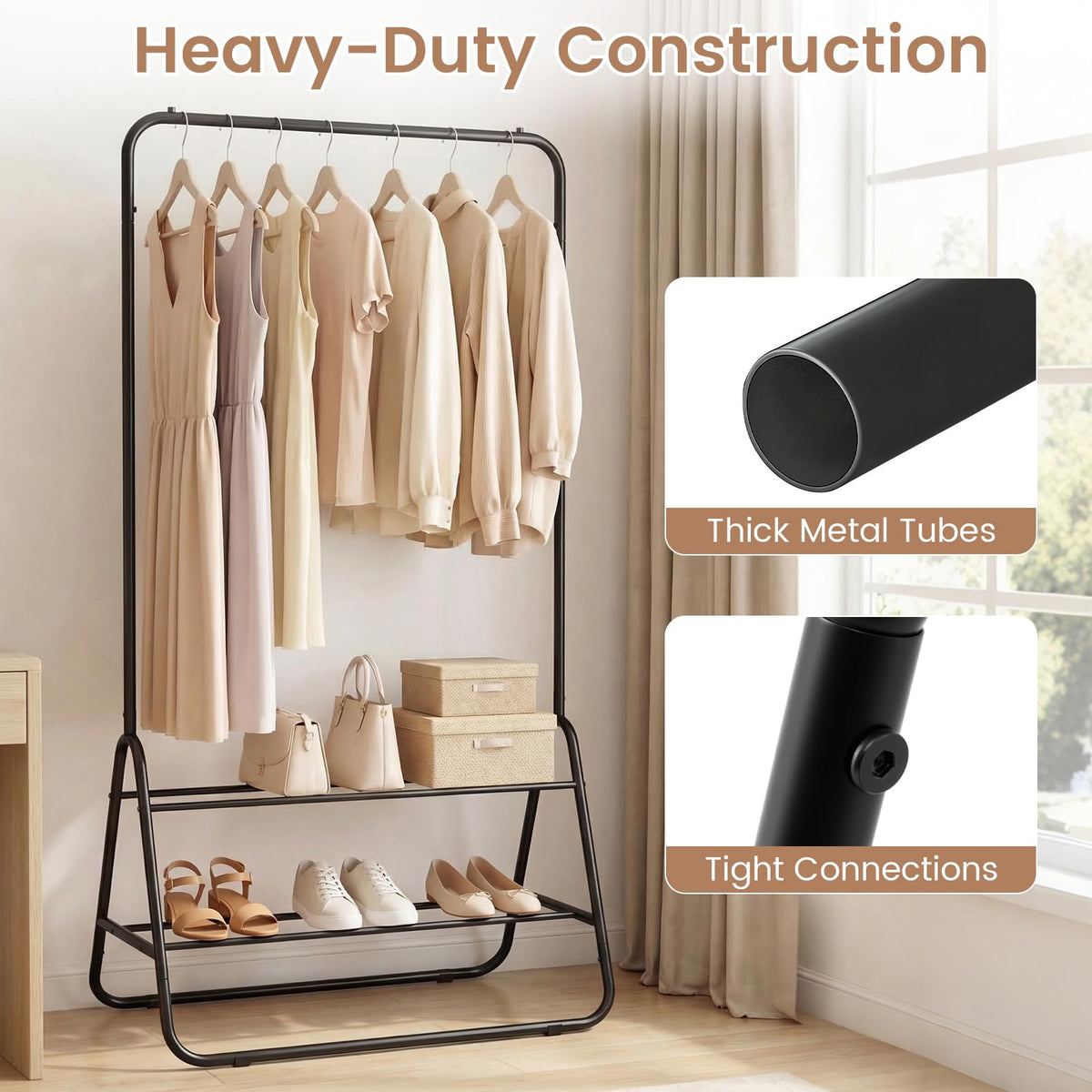Goflame Heavy Duty Clothes Rack | Metal Garment Rack with Hanging Rod and Storage Shelves