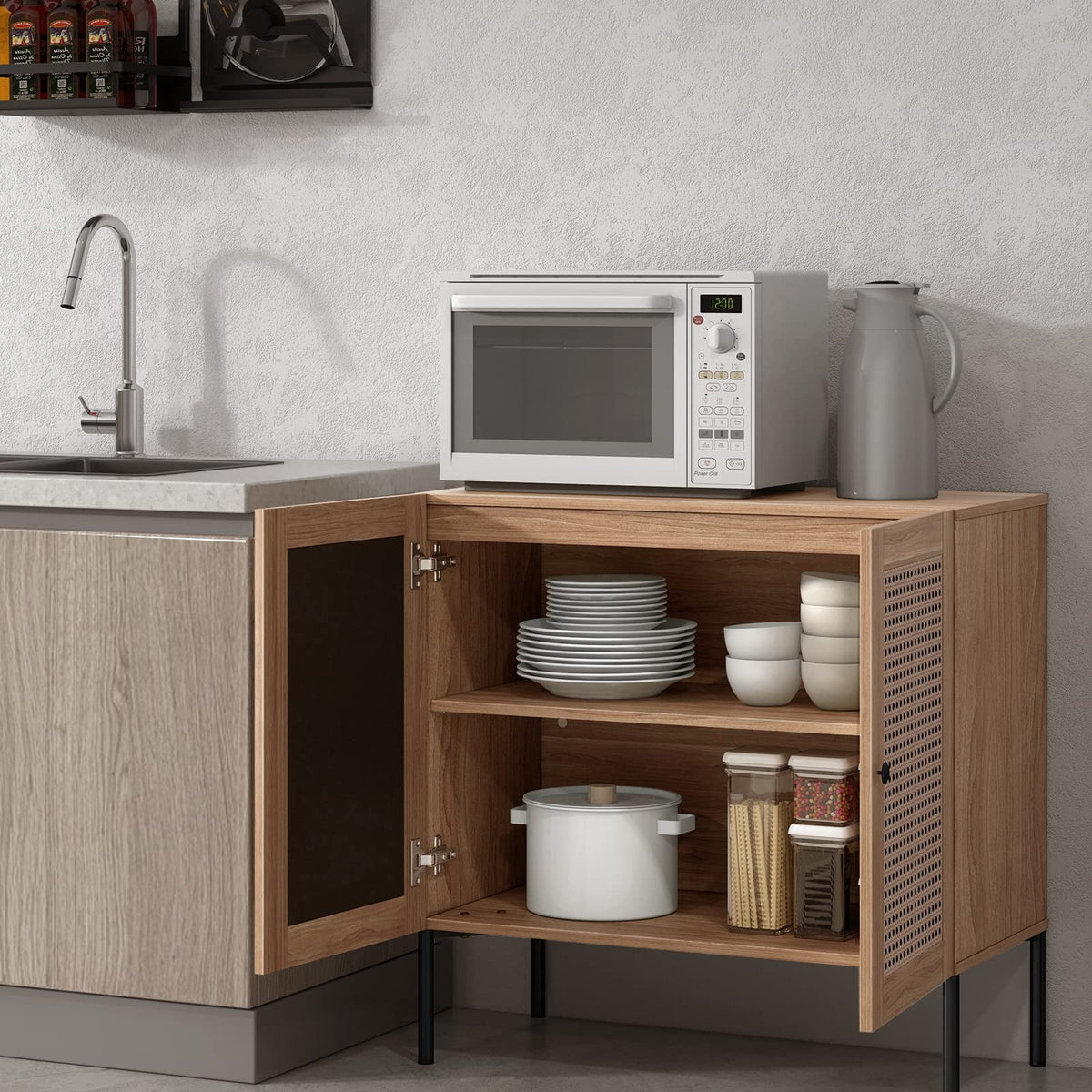 Goflame Buffet Cabinet, Wood Sideboard Storage Cabinet with Rattan Door, 3-Position Adjustable Shelf