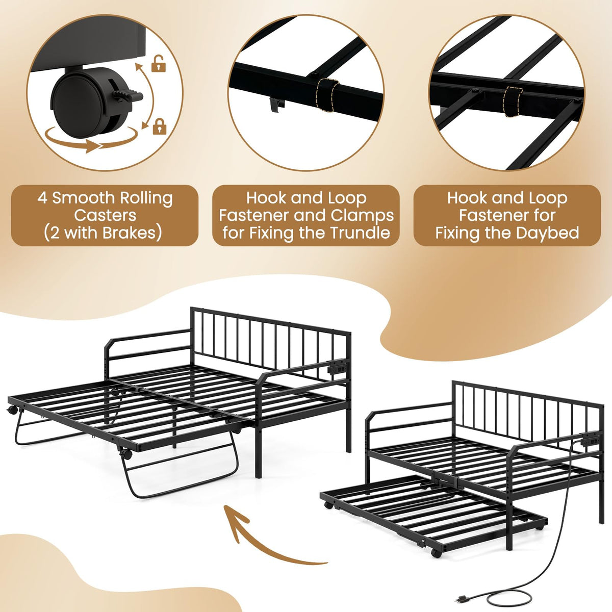 Goflame Twin Daybed with Trundle, Twin Bed Frame with Charging Station & LED Lights, Metal Trundle Bed Twin w/Steel Slats Support